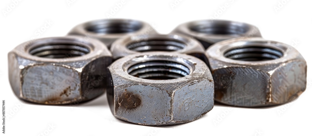 Poster close up studio macro photograph of a set of steel nuts on an isolated white background showing scra