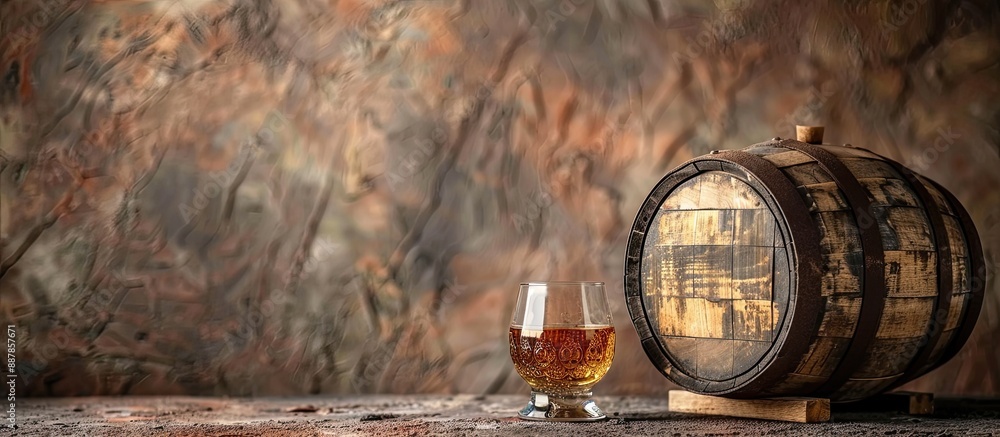 Aufkleber a vintage wooden barrel next to a glass of scotch whiskey with a rustic background suitable for a co