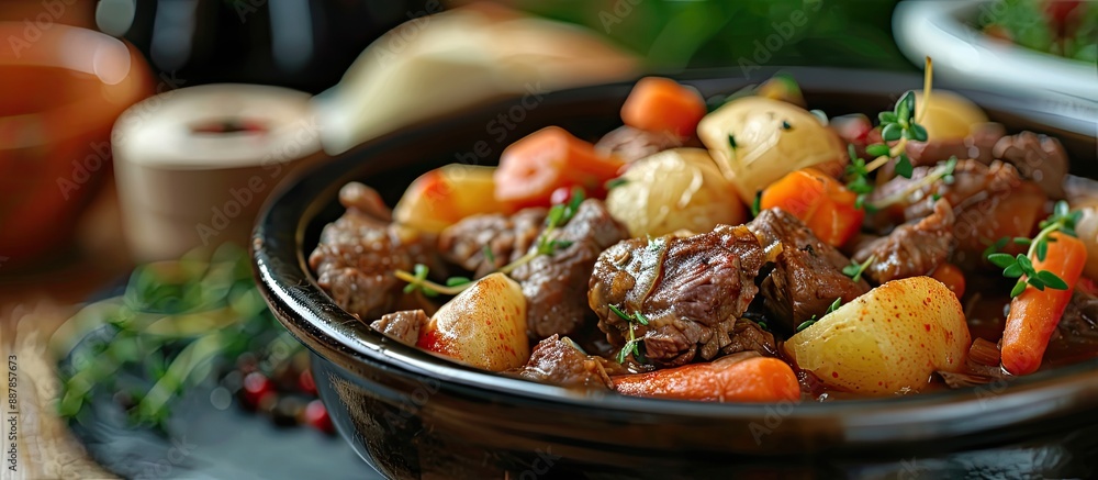 Aufkleber selective focus on a beef stew dish highlighting potatoes and carrots with a blurred background for 