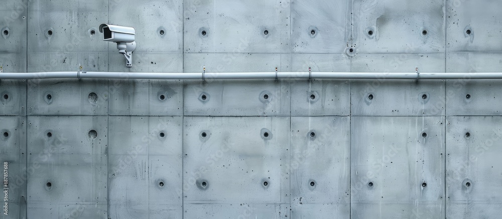 Poster security camera mounted on gray cement wall with flexible metal conduit perfect for surveillance wit