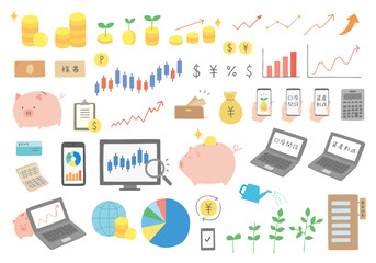 投資やお金にまつわる手描きイラストセット（カラー/主戦なし）