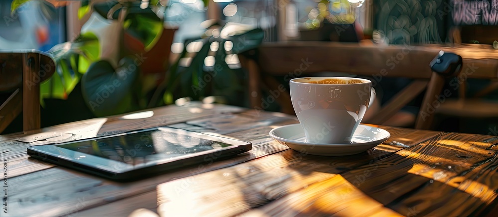 Poster Coffee cup placed on a cafe table with a tablet next to it creating a structured scene with a prominent copy space image