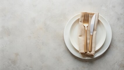 White craft plate cutlery and napkin on white stone table knife and fork on beige napkin Top view copy space Table setting background for menu layout recipe background food flat lay : Generative AI