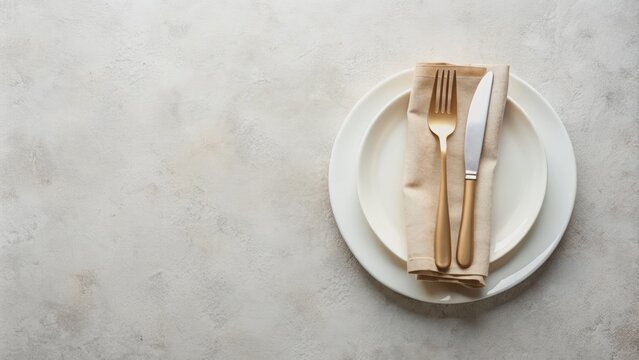 White craft plate cutlery and napkin on white stone table knife and fork on beige napkin Top view copy space Table setting background for menu layout recipe background food flat lay : Generative AI