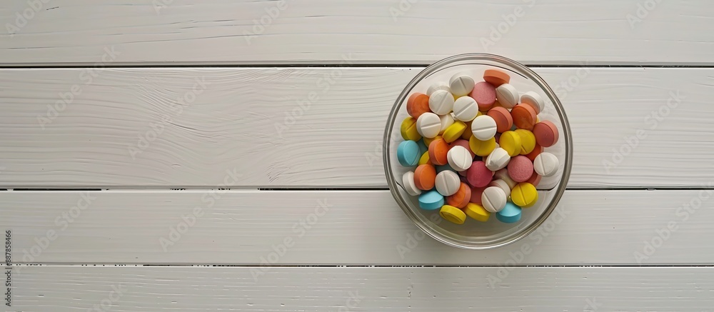 Leinwandbilder sugar coated pills displayed on a glass dish against a white wooden backdrop with space for insertin