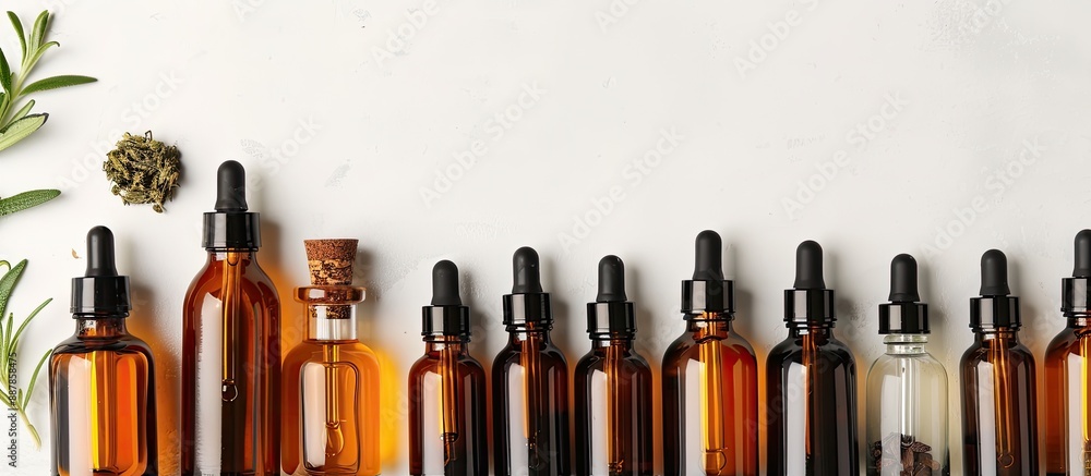 Aufkleber Esthetic oils and bottles in an image with space for adding text or graphics. with copy space image. Place for adding text or design