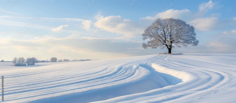 Poster Winter landscape with a snowdrift on a snow covered field creating a serene scene with copy space image