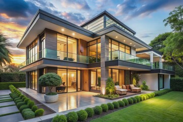 Obraz premium Elegant modern dream house with sleek lines, vast windows, and lush greenery, showcasing lavish interior design, perfect for property business and investment opportunities.