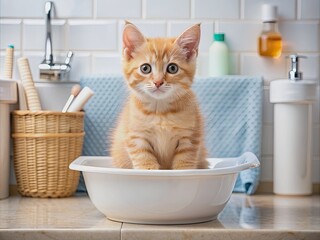Adorable orange tabby kitten sits in bathroom sink, lifting leg to pee in litter tray, surrounded by bathroom fixtures and accessories.