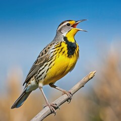 Fototapeta premium Vibrant western meadowlark perches on a dry, branch-like twig, its bright yellow chest and distinctive black V-shaped mask glowing as it sings its melodic song.