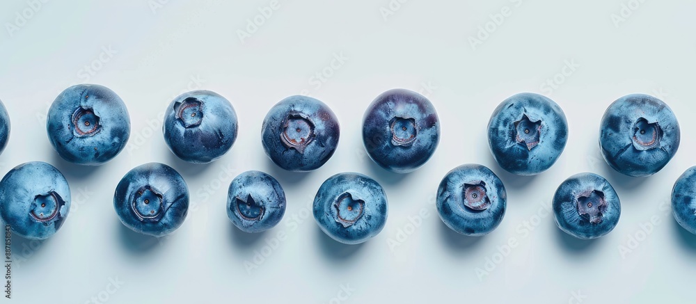 Poster blueberries arranged in a neat row on a white backdrop with ample copy space image
