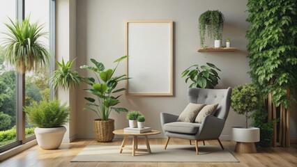 Serene modern space features a blank framed poster amidst lush greenery, cozy chair, and sleek decor, evoking feelings of relaxation, creativity, and personalized comfort.