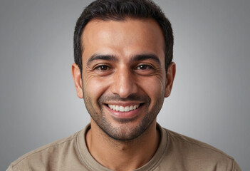 Obraz premium Portrait view of a regular happy smiling Iraq man, ultra realistic, candid, social media, avatar image, plain solid background