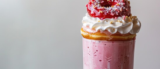 Valentine s day themed strawberry milkshake topped with whipped cream and a glazed donut set against a white background with available copy space image