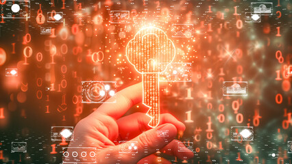 Digital transformation symbolized by a hand grasping a key with integrated data visuals