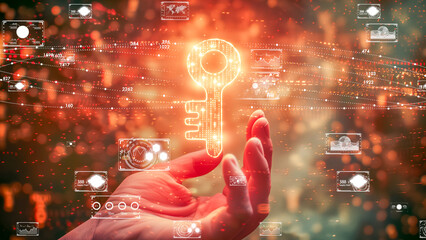 Digital transformation symbolized by a hand grasping a key with integrated data visuals