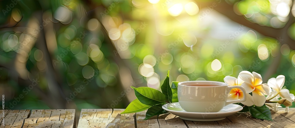 Poster outdoor wooden table with fresh flowers and a cup of jasmine tea displayed perfect for adding text i
