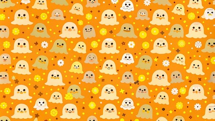 Halloween ghost seamless pattern background. Holidays cute ghost cartoon character. orange background. 