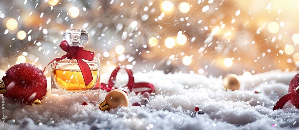 Aufkleber closeup of a festive composition featuring a perfume bottle ribbon and christmas bows on a snowy bac