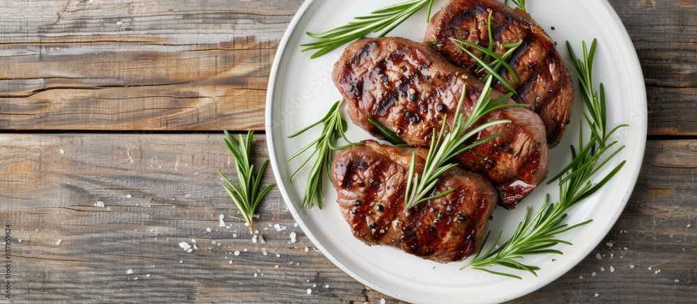 Aufkleber top down view of a plate with cooked steaks and sprigs of rosemary on a wooden surface with a clear 