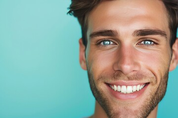 Fototapeta premium close-up of handsome man with light eyes who is very cool and neat but he is missing one tooth, pale blue background 