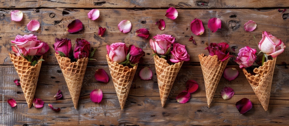 Poster Flowers like roses arranged in waffle cones with petals displayed on a wooden backdrop with copy space image