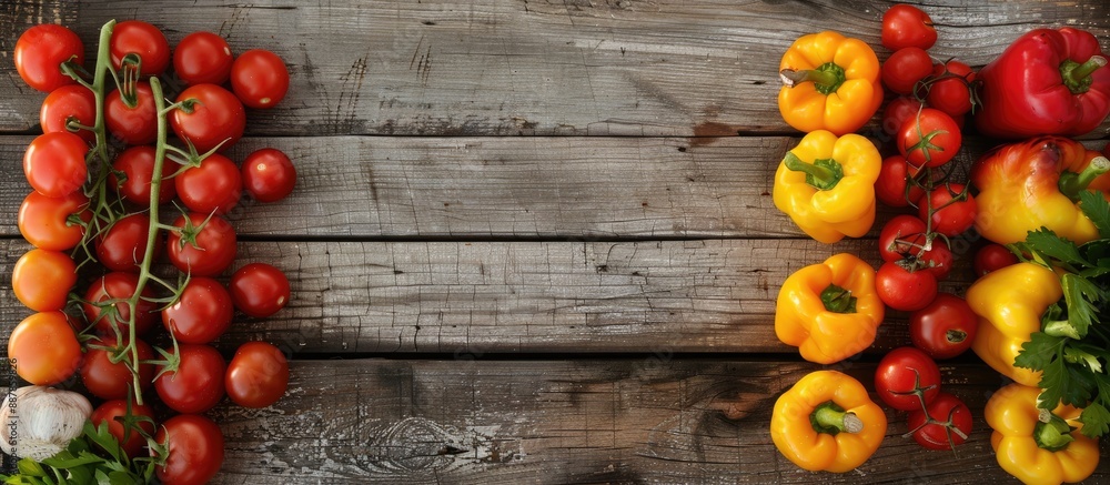 Poster vegetables arranged in a frame shape on a wooden background with copy space image
