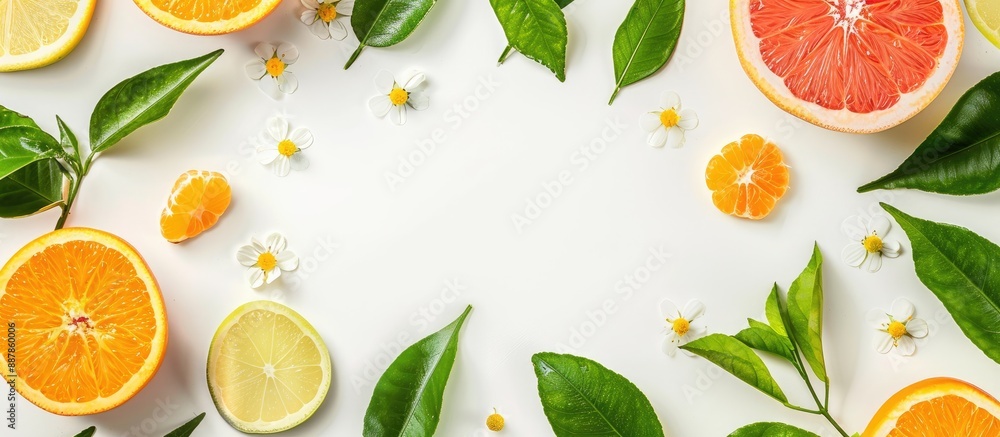 Fototapete High quality image of a flat lay arrangement featuring citrus fruits leaves and flowers on a white background with space for inclusion of text or additional elements