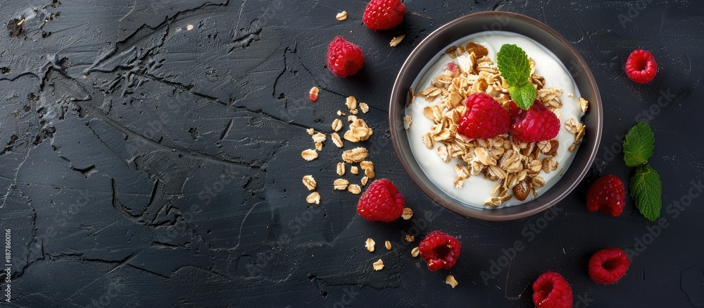 Poster a nutritious vegan breakfast with yogurt muesli and raspberries on a dark backdrop featuring copy sp