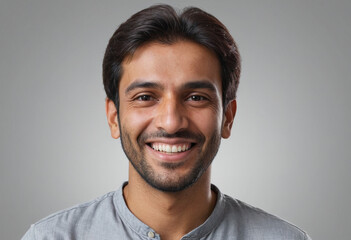 Fototapeta premium Portrait view of a regular happy smiling Pakistan man, ultra realistic, candid, social media, avatar image, plain solid background