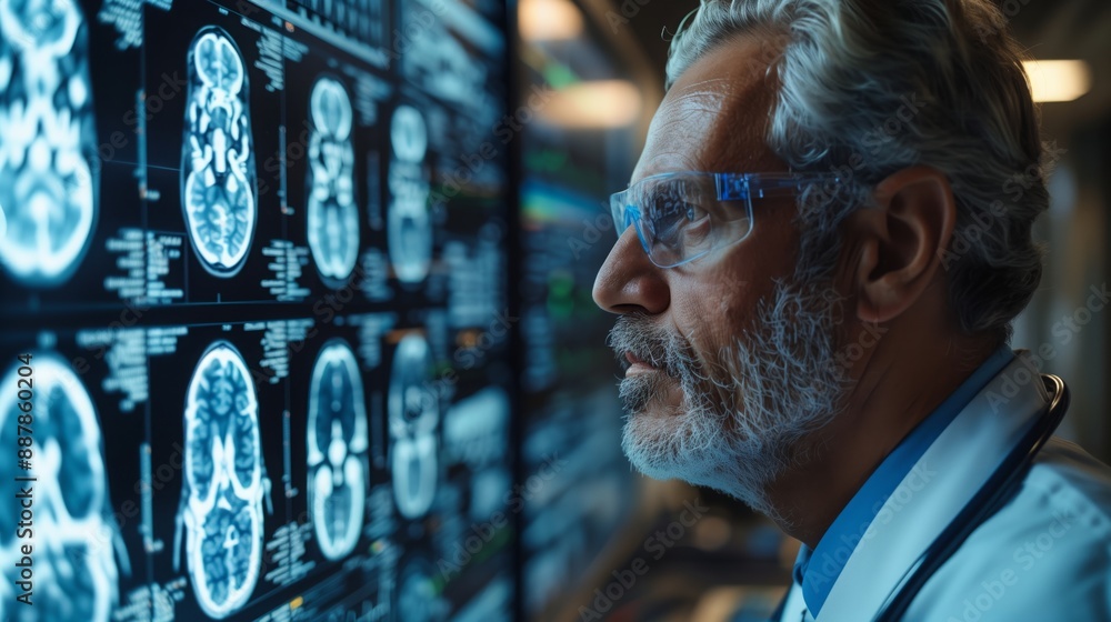 Poster a doctor in a white coat and stethoscope carefully examines a computer monitor displaying multiple b