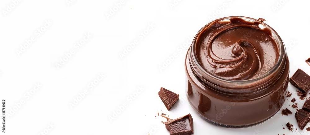 Leinwandbilder Chocolate peanut butter spread in a glass jar isolated on a white background with a blank space for adding text or other elements in the image. with copy space image. Place for adding text or design