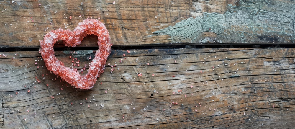 Poster Heart shaped sugar decoration displayed on a weathered wooden surface with copy space image