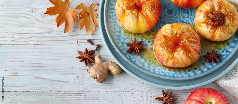 Poster a homey recipe featuring baked apples on a blue plate adorned with honey cinnamon and ginger placed 