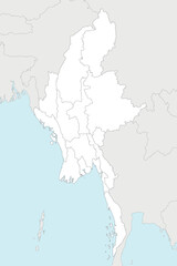Vector blank map of Myanmar with regions, states and administrative divisions, and neighbouring countries and territories. Editable and clearly labeled layers.