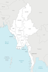 Vector map of Myanmar with regions, states and administrative divisions, and neighbouring countries and territories. Editable and clearly labeled layers.