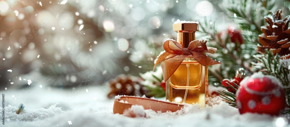 Aufkleber closeup of a festive composition featuring a perfume bottle ribbon and christmas bows on a snowy bac