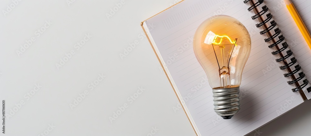 Aufkleber minimalist concept with a light bulb notebook and pencil on a white background representing business