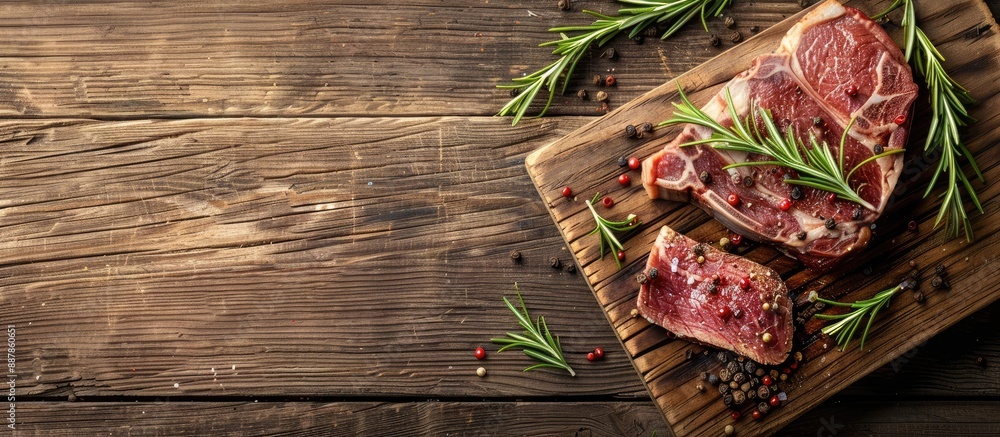 Aufkleber entrecote meat with rosemary and pepper on a cutting board set against a wooden backdrop creating a 