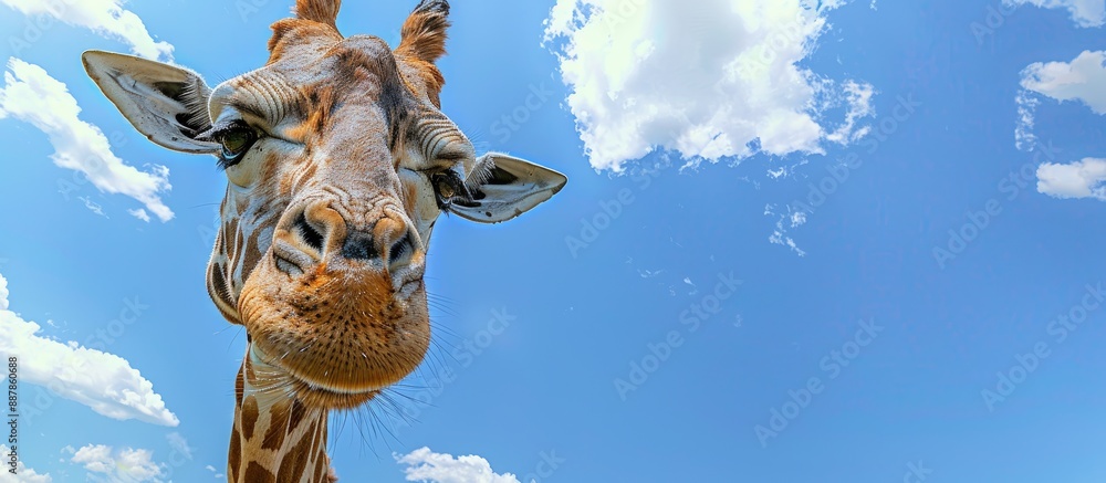 Poster giraffe in close up with blue sky background ideal as copy space image