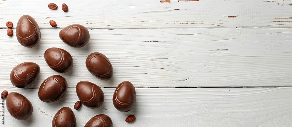 Poster Top view chocolate eggs on a white wooden surface with copy space image available for Easter composition