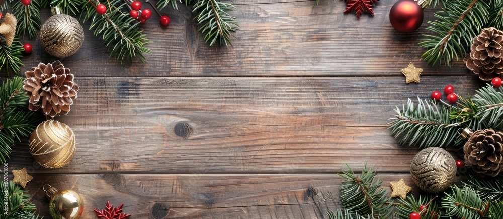 Aufkleber Festive Christmas tree decor on a wooden surface with empty space for text or images. with copy space image. Place for adding text or design