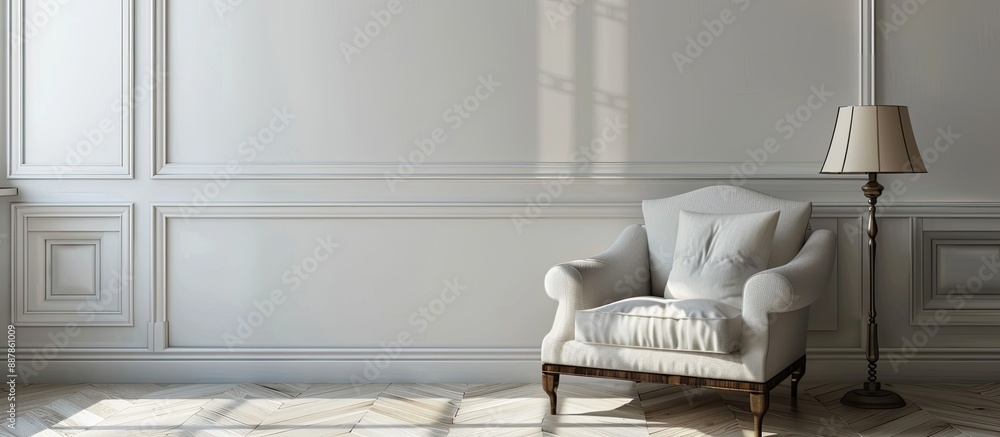 Poster interior design featuring a chic armchair with a cushion and lamp next to a white wall indoors provi
