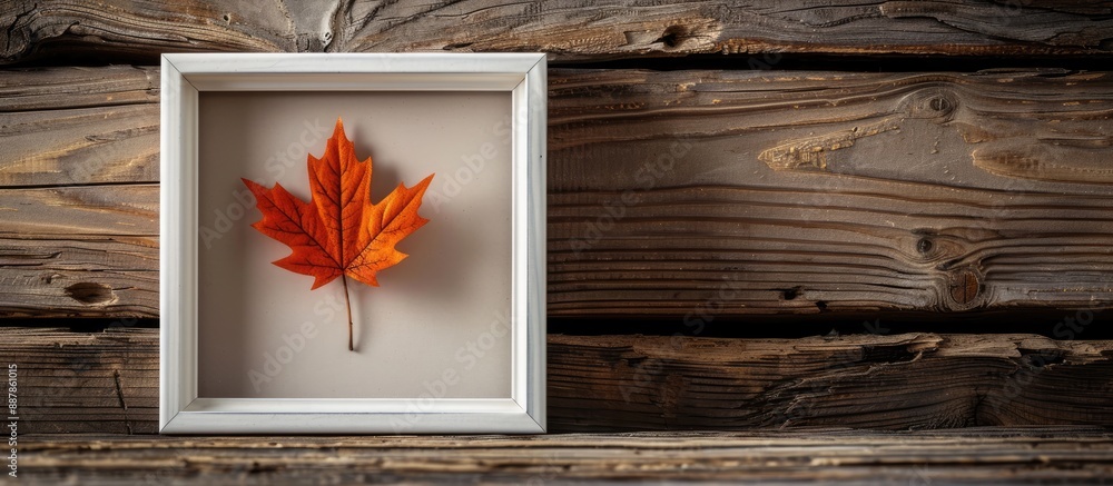 Poster fall season depicted with an empty photo frame artificial maple leaf on wooden table symbolizing aut