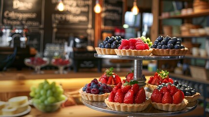 Delicious Fresh Fruit Tarts on a Silver Stand.
