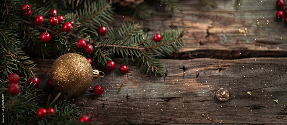 Aufkleber decorative christmas themed composition featuring pine tree frame red berries and a golden ornament 