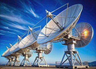 Isolated satellite communication antennas with sleek metallic structures and precise receivers capturing signals from space against a clear blue sunny sky background.
