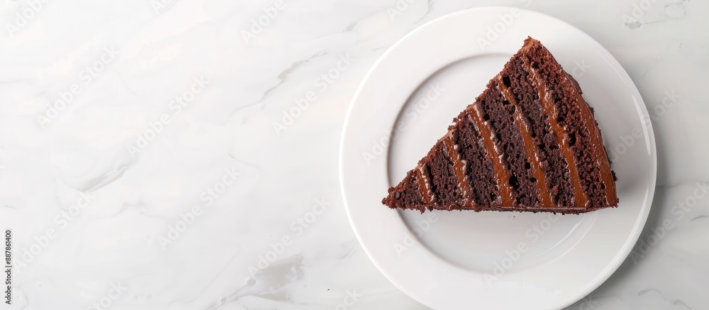 Poster a decadent slice of chocolate cake on a pristine white plate with ample copy space image