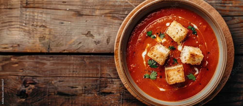 Poster tomato cream soup with croutons in a bowl on a wooden surface perfect for adding text in the copy sp