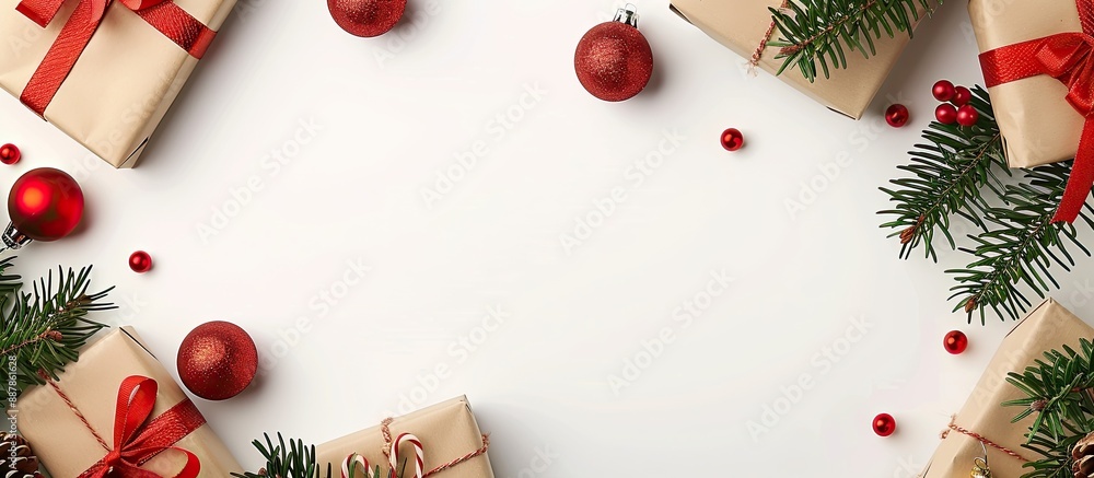 Aufkleber festive christmas scene with presents fir tree branches and red ornaments on a white backdrop captur